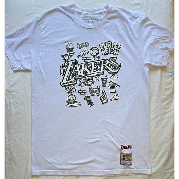 Mitchell & Ness NBA Los Angeles Lakers Doodle White T-Shirt Adult Mens L Large - Picture 1 of 9